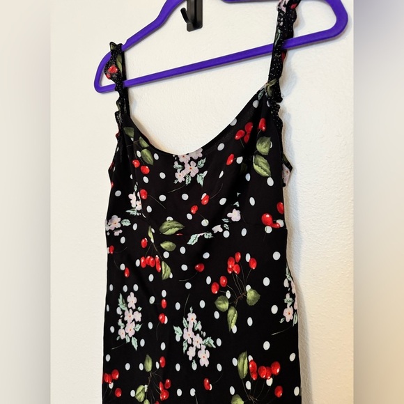 VTG Mica Mimi Maternity Y2K Cherry Floral Midi Dress Ruffle Large Black EUC - Picture 4 of 9